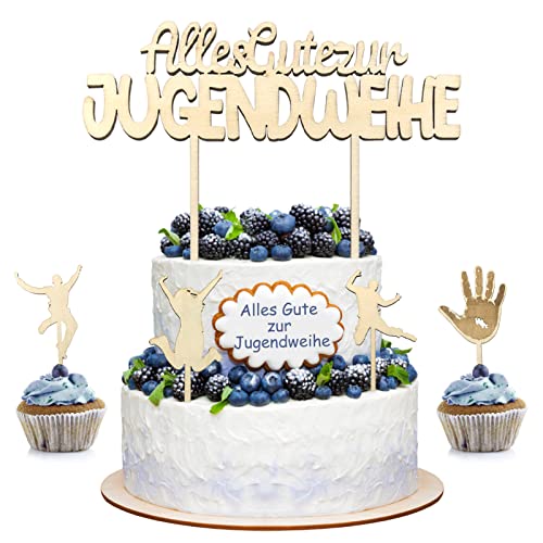 TOPJOWGA Holz Jugendweihe Tortendeko, 5 Stück Holz Tortendeko Zur Jugendweihe, Alles Gute zur Jugendweihe Cake Topper, Holz Kuchen Topper, Holz Cake Topper für Jugendweihe Deko von TOPJOWGA