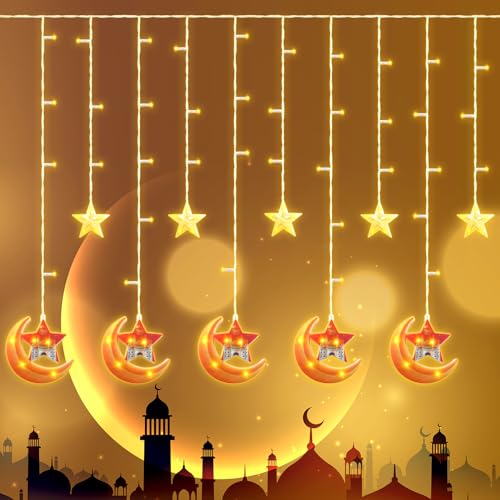 TOPJOWGA LED Muslim Ramadan Lichterkette, 3M 10LED Eid Lichterketten Vorhanglichter, 8 Modi LED Sterne Mond Lichterkette Vorhang Licht, Islam Festival Lichter Ramadan Dekoration von TOPJOWGA