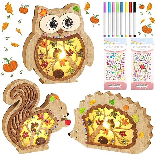 TOPJOWGA LED-Stimmungsleuchten Herbst, 3 Stück Herbst Deko Leuchten aus Holz, Eule Igel Eichhörnchen Herbstdeko LED Herbstblätter, DIY Herbst Dekoration Motivleuchten Tischdekoration von TOPJOWGA