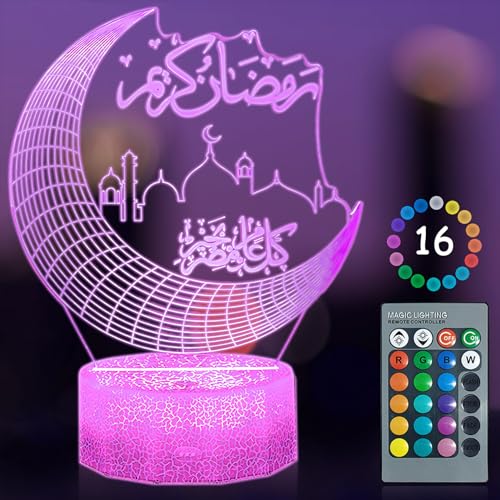 TOPJOWGA Mubarak Ramadan LED DIY Lampe, Eid Dekorationen Mond Stern Nachtlichter, 3D 16 Farben Ramadan Mondlampe Farbwechsellampe, Eid Ramadan Dekorative Fee Licht, Islam Mubarak Dekoration LED Lamp von TOPJOWGA