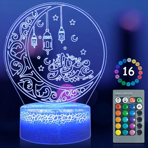 TOPJOWGA Mubarak Ramadan LED DIY Lampe, Eid Dekorationen Mond Stern Nachtlichter, 3D 16 Farben Ramadan Mondlampe Farbwechsellampe, Eid Ramadan Dekorative Fee Licht, Islam Mubarak Dekoration LED Lamp von TOPJOWGA