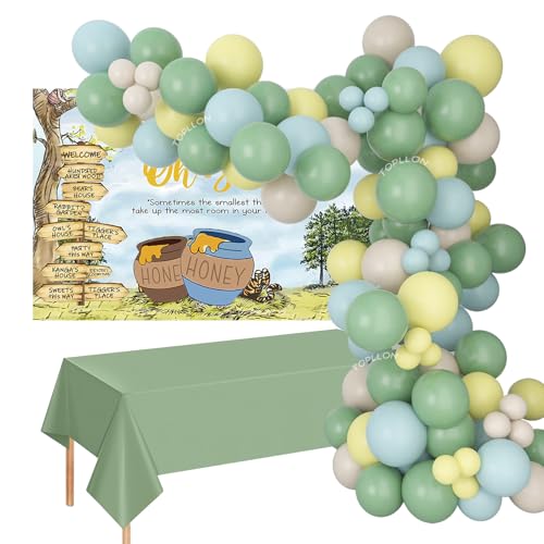 TOPLLON The Baby Shower Decorations All-in-1 Sage Green Balloon Arch Kit Classic Oh Baby Backdrop Vintage Tablecloth Dusty Blue Yellow Balloons for Baby Shower Decorations Boy von TOPLLON