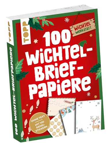 100 Wichtelbriefpapiere: 100 Wichtelbriefpapiere in 25 Designs und Umschlag zum Falten auf der Rückseite, mit 100 Siegelstickern und kurzer Anleitung von TOPP