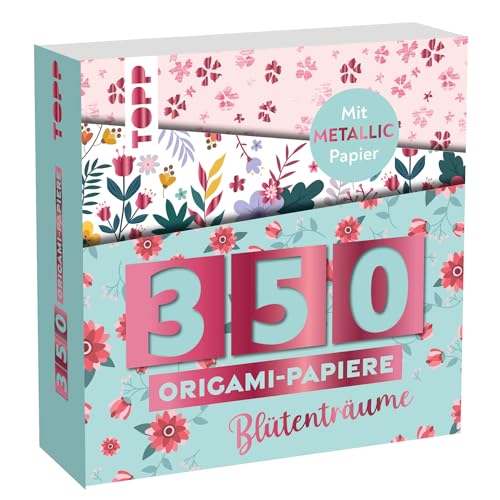 350 Origami-Block Blütenträume: 350 Falt-Papiere (14 x14 cm, 80 g/m²), in 25 Designs, davon 50 Papiere mit Metallic-Folie, 20 Seiten Origami-Grundkurs, Softcover von TOPP