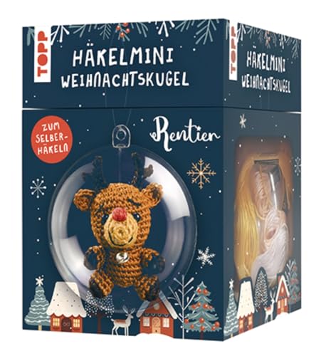 TOPP Häkelmini-Weihnachtskugel Häkelset Rentier: Anleitung, Garn (100% Baumwolle) in 5 Farben, Häkelnadel (1,5 mm), Kunststoffkugel (7 cm), Füllwatte, Perlen, Glöckchen von TOPP