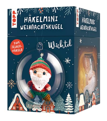 TOPP Häkelmini-Weihnachtskugel Häkelset Wichtel: Anleitung, Garn (100% Baumwolle) in 5 Farben, Häkelnadel (1,5 mm), Kunststoffkugel (7 cm), Füllwatte, Perlen, Glöckchen, White von TOPP