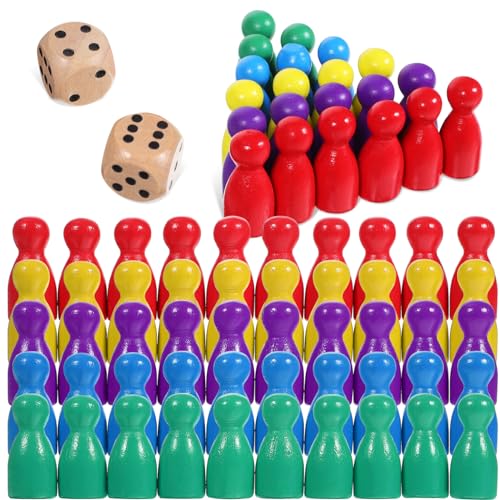 TOPPERFUN 50 Stück Holzfiguren Brettspielfiguren Dame Und Ludo-Brettspielzubehör Mit 2 Würfeln 10 Von Jeder Farbe von TOPPERFUN