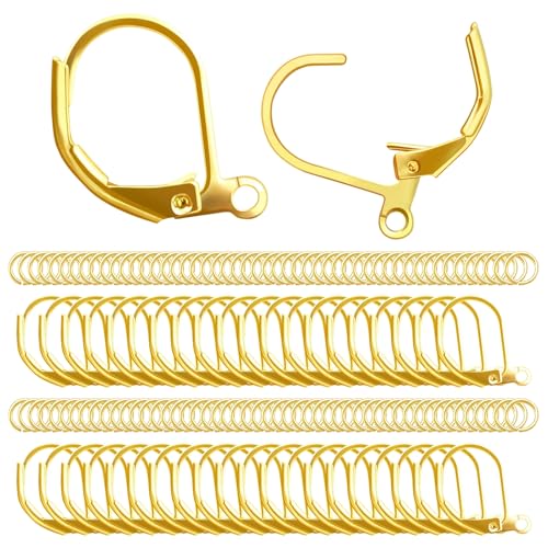Klappbügel-Ohrhaken mit Schlaufe, 18 Karat vergoldet, hypoallergen, baumelnd, mit Biegeringe für Schmuckherstellung, 200 Stück Klappbügel-Ohrhaken mit Schlaufe, 18 Karat vergoldet, hypoallergen, baumelnd, mit Biegeringe für Schmuckherstellung, 200 Stück von TOPUSSESS