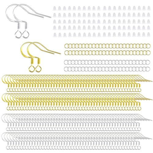 Ohrringhaken, 14 Karat Goldton und Silber, 925er Sterlingsilber, hypoallergen, Fischhaken mit 100 transparenten Silikon-Ohrringverschlüssen und 100 Biegeringe für DIY-Schmuckherstellung, 200 Stück von TOPUSSESS