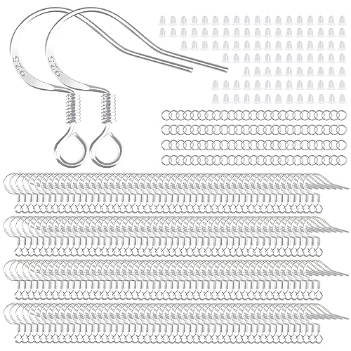 TOPUSSESS Ohrringhaken mit 925er-Sterlingsilber, hypoallergen, silberfarbene Ohrdrähte, Fischhaken mit 100 transparenten Silikon-Ohrringverschlüssen und 100 Biegeringe für DIY-Schmuckherstellung, 200 von TOPUSSESS