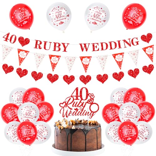 40th Ruby Wedding Anniversary Decoration Party Set, Happy 40th Buby Wedding Ballons, 40th Wedding Anniversary Banner, Anniversary 40th Cake Topper, 40 Anniversary Triangle Flag Party Supplies von TOPWAYS