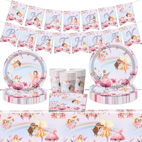 Blumenfee Elfe Mädchen Geburtstag Party Geschirr Set, Elf Prinzessin Party Supplies für Mädchen, Fee Party Banner Wimpelkette, Pappteller und Servietten Tischdecke für Mädchen Geburtstag Dekorationen von TOPWAYS