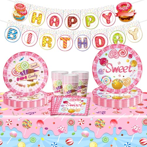 Candy Donuts Party Geschirr Set, Lovely Lutscher Süße Party Dekorationen, Mädchen Baby Donut Thema Geburtstag Party Banner, Geburtstag Kuchen Party Teller Servietten Tassen 16 Gäste von TOPWAYS