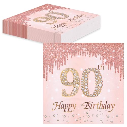 TOPWAYS 90 Geburtstagsdeko Servietten 60 Stück, Roségold Papier Party Servietten Tischdeko für 90. Geburtstag Mädchen Frau Frauen Party Happy Birthday Servietten Decorations (90) von TOPWAYS