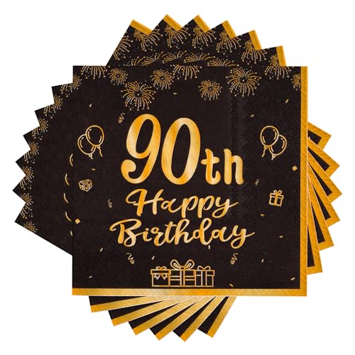 TOPWAYS 90 Geburtstagsdeko Servietten, Schwarz Gold Papier Party Servietten, Happy Birthday 90 Mann Frau Happy Birthday Servietten Decorations 60 Stück (90 geburtstag) von TOPWAYS