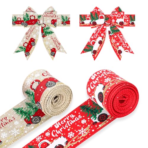 TOPWAYS 2 Rollen Weihnachtsband, DIY Weihnachten Drahtrand Bänder Weihnachten Vintage verdrahtet Juteband Weihnachtsbaum Band für DIY Kränze Verpackung Handwerk Dekoration (D) von TOPWAYS