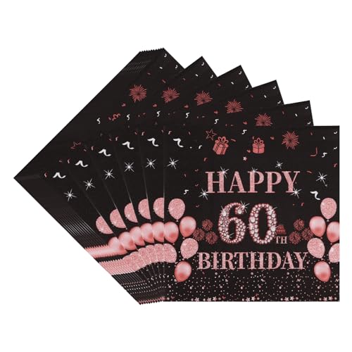 TOPWAYS 60 Geburtstagsdeko Servietten, 40Stück Schwarz Roségold Papier Party Servietten Tischdeko für Sie 60. Geburtstag Mädchen Frau Frauen Happy Birthday Servietten Deko (Servietten Geburtstag 60) von TOPWAYS