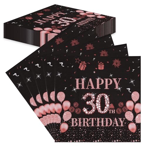 TOPWAYS 30 Geburtstagsdeko Servietten, 60Stück Schwarz Roségold Papier Party Servietten Tischdeko für Sie 30. Geburtstag Mädchen Frau Frauen Happy Birthday Servietten Tischdekoration (Geburtstag 30) von TOPWAYS