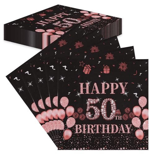 TOPWAYS 50 Geburtstagsdeko Servietten, 60Stück Schwarz Roségold Papier Party Servietten Tischdeko für Sie 50. Geburtstag Mädchen Frau Frauen Happy Birthday Servietten Tischdekoration (Geburtstag 50) von TOPWAYS