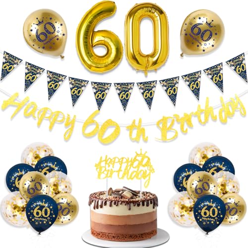 TOPWAYS 60. Geburtstag Dekorationen Banner Männer, Blau Gold - Happy 60th Birthday Banner, Luftballons, Party Dekorationen von TOPWAYS