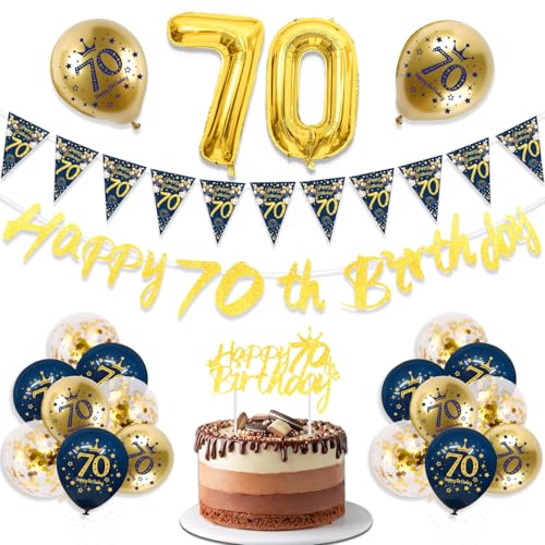 TOPWAYS 70 Geburtstag Dekorationen Banner Männer, Blau Gold 70 Geburtstag Dekorationen Luftballons Happy 70th Birthday Banner Ballons für Männer 70 Geburtstag Banner Party Dekorationen (70 Geburtstag) von TOPWAYS