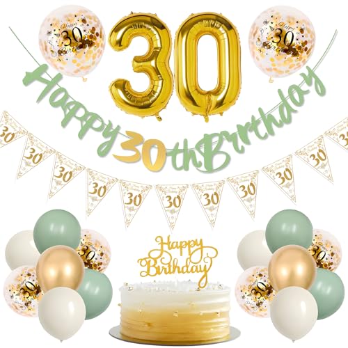 TOPWAYS Deko 30 Geburtstag Frauen Mann, Salbeigrüne Geburtstagsdeko 30. Geburtstag Mann Frau Luftballons 30 Geburtstag Happy 30th Birthday Banner für 30 Geburtstag Frau Männer Deko (30 Geburtstag) von TOPWAYS