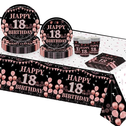 TOPWAYS Deko 18 Geburtstag Mädchen, Schwarz Roségold Tischdeko 18. Geburtstag Frauen Partygeschirr Geburtstagsdeko Pappteller Tischdecke Pappbecher Servietten (16 Gäste) (18 geburtstag Mädchen) von TOPWAYS