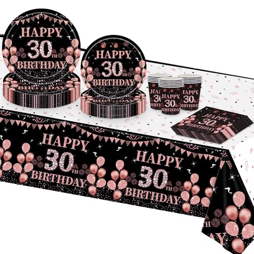 TOPWAYS Deko 30 Geburtstag Frauen, Schwarz Roségold Tischdeko 30. Geburtstag Frauen Partygeschirr Geburtstagsdeko Pappteller Tischdecke Pappbecher Servietten (16 Gäste) (30 geburtstag frau) von TOPWAYS