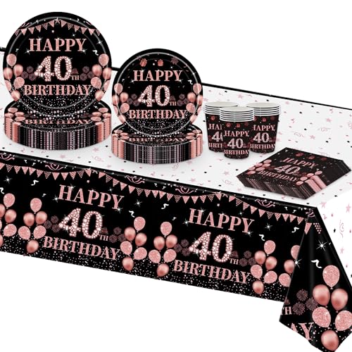 TOPWAYS Deko 40 Geburtstag Frauen, Schwarz Roségold Tischdeko 40. Geburtstag Frauen Partygeschirr Geburtstagsdeko Pappteller Tischdecke Pappbecher Servietten (16 Gäste) (40 geburtstag frau) von TOPWAYS