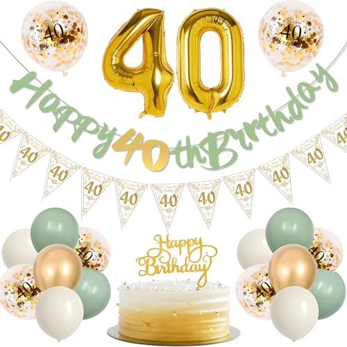 TOPWAYS Deko 40 Geburtstag Frauen Mann, Salbeigrüne Gold Geburtstagsdeko 40. Geburtstag Mann Frau Luftballons 40 Geburtstag mit Happy 40th Birthday Banner für 40 Geburtstag Frauen Männer Deko von TOPWAYS