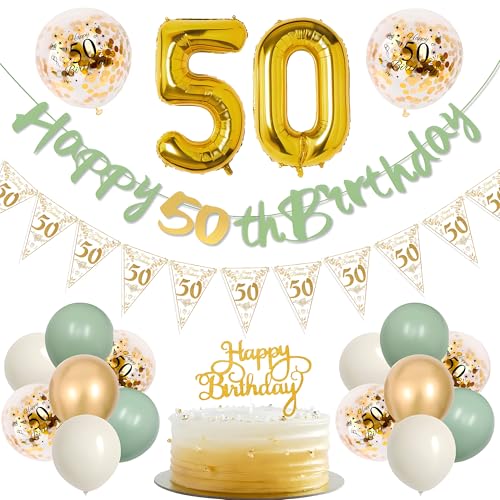 TOPWAYS Deko 50 Geburtstag Frauen Mann, Salbeigrüne Gold Geburtstagsdeko 50. Geburtstag Mann Frau Luftballons 50 Geburtstag mit Happy 50th Birthday Banner für 50 Geburtstag Frauen Männer Deko von TOPWAYS