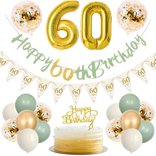 TOPWAYS Deko 60 Geburtstag Frauen Mann, Salbeigrüne Gold Geburtstagsdeko 60. Geburtstag Mann Frau Luftballons 60 Geburtstag mit Happy 60th Birthday Banner für 60 Geburtstag Frauen Männer Deko von TOPWAYS