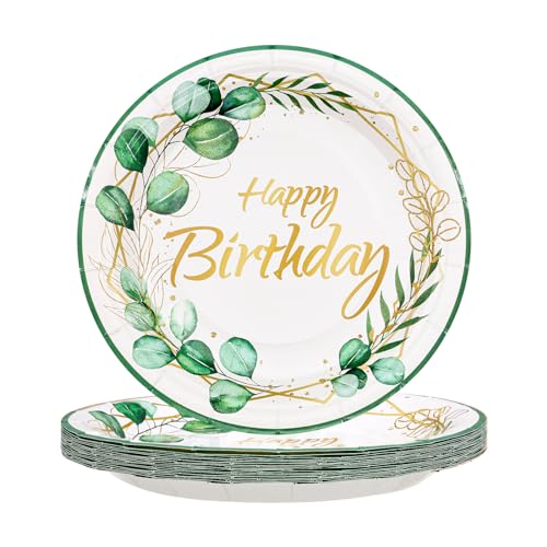 TOPWAYS Geburtstag um Eukalyptus Pappteller, 7inch 18cm Eukalyptus Leaves Geburtstag Einwegteller Partygeschirr für Geburtstag Junge Mädchen Mann Frau Happy Birthday Decorations (Teller 20Stück) von TOPWAYS