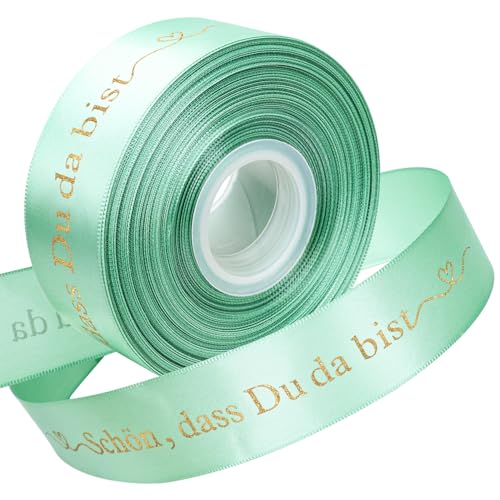 TOPWAYS Satinband Geschenkband, 36Meter 'Schön, dass Du da bist' Geschenkband Breit Schleifenband Hochzeit Satinband Bänder für Taufe Geburtstag Hochzeit Deko Geschenkverpackung (Grün, 40mm) von TOPWAYS