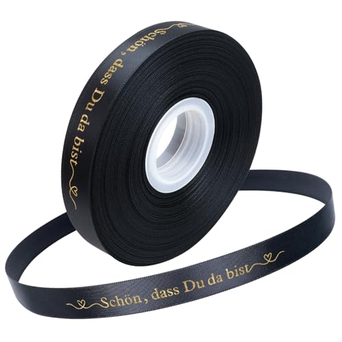 TOPWAYS Satinband Geschenkband, 36Meter 'Schön, dass Du da bist' Geschenkband Breit Schleifenband Hochzeit Satinband Bänder für Taufe Geburtstag Hochzeit Deko Geschenkverpackung (Schwarz, 20mm) von TOPWAYS