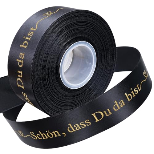 TOPWAYS Satinband Geschenkband, 36Meter 'Schön, dass Du da bist' Geschenkband Breit Schleifenband Hochzeit Satinband Bänder für Taufe Geburtstag Hochzeit Deko Geschenkverpackung (Schwarz, 40mm) von TOPWAYS