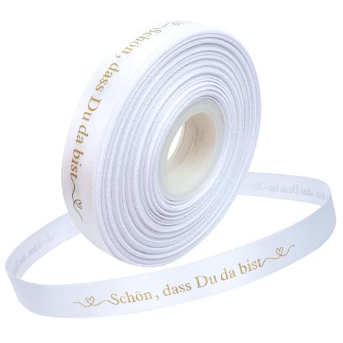 TOPWAYS Satinband Geschenkband, 36Meter 'Schön, dass Du da bist' Geschenkband Breit Schleifenband Hochzeit Satinband Bänder für Taufe Geburtstag Hochzeit Deko Geschenkverpackung (Weiß, 20mm) von TOPWAYS