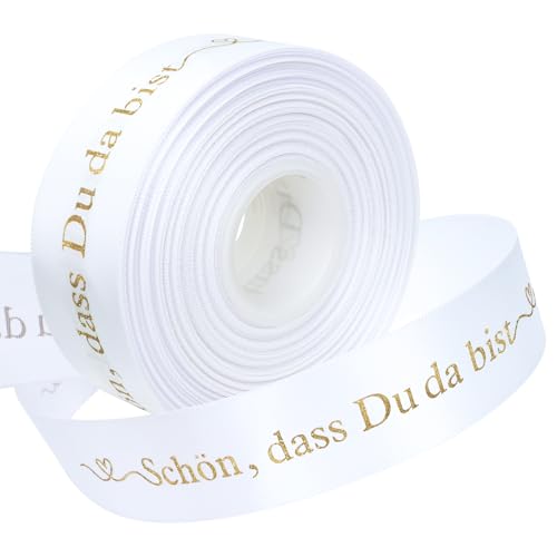 TOPWAYS Satinband Geschenkband, 36Meter 'Schön, dass Du da bist' Geschenkband Breit Schleifenband Hochzeit Satinband Bänder für Taufe Geburtstag Hochzeit Deko Geschenkverpackung (Weiß, 40mm) von TOPWAYS