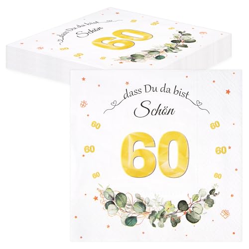 TOPWAYS Servietten 60 Geburtstag Mann Frau, Tischdeko Geburtstag Servietten Eukalyptus Papierservietten Anniversary Deko 60 Geburtstag Frau Mann Servietten Geburtstag 40pcs (Servietten 60. geburtstag) von TOPWAYS