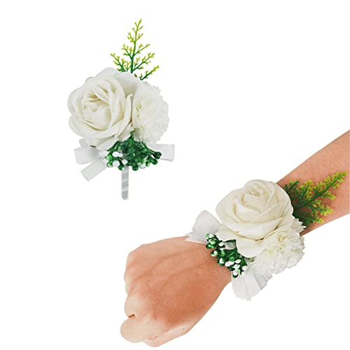 Künstliche Blume Handgelenk Corsage Boutonniere Set Hochzeit Abschlussball Weiß Ansteckblume und Boutonniere Set Bräutigam Trauzeugen und Bräute Rose Hochzeit Blumen Zubehör für Hochzeit Party (weiß) von TOPWEL