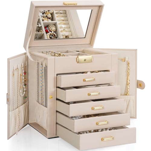 TORIBIO Große Schmuckschatulle für Damen, Leder-Schmuck-Organizer mit Spiegel und Schloss, 6-stöckige Schmuck-Aufbewahrungsbox für Mädchen/Frauen/Mütter, für Halsketten, Ohrringe, Armbänder, Halter von TORIBIO