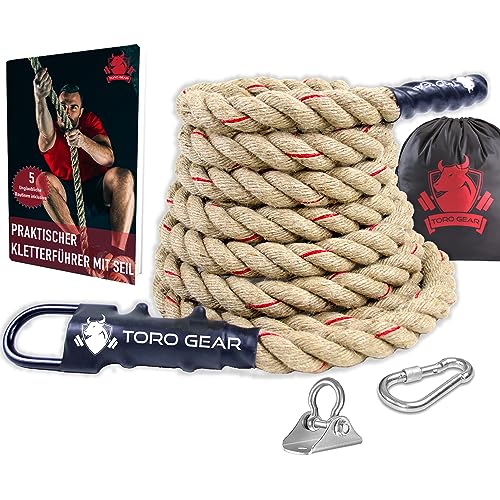 Toro Gear | 38 Millimeter Juteseil zum Klettern, 3-6 Meter | Kletterseil mit Karabinerhaken und Aufhänger für Crossfit, Fitness, Fitnessstudios und Feuerwehrtraining (38 mm X 5,5 m) von TORO GEAR