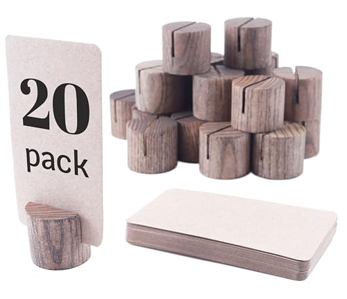 Mini-Tischnummernhalter aus Holz mit 25 Stück Kraftpapier-Tischkarten – Tischkartenhalter, Tischkartenhalter, Namenskartenhalter für Tische, Holzbild- und Schilderhalter, Braun, 20 Stück von TOROS STORE