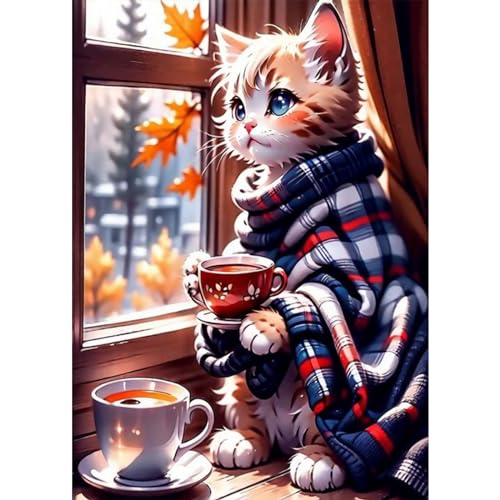 TOSTOG 5D Diamond Painting für Erwachsene,Katze und Kaffee Diamant Painting Kits Bilder,Diamant Malerei DIY Diamond Painting Bilder Set 30x40cm für Wanddekor von TOSTOG