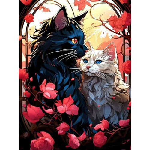 TOSTOG Diamond Painting für Erwachsene Anfänger,Diamant Painting Bilder Schwarze Katze Weiße Katze und Blume 5D DIY Full Drill Diamant Malerei Stickerei Strass für Wand Heimdecor 30x40cm von TOSTOG