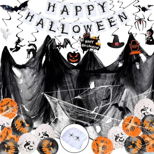 TOSUTO Halloween Deko Set,Gruselig Party Stof,Horror HAPPY HALLOWEEN Girlande,Spiralen Deckendeko,Halloween Latexballons,Gruselige Luftballons,Halloween Deko Gruselig Party von TOSUTO