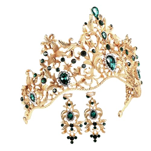 TOVINANNA 1 Satz Braut Tiara Ohrringe Brautohrringe für die Hochzeit Krone Braut- königlich Zubehör vintage schmuck kolczyki damskie Tiar-Kopfbedeckung Kopfbedeckungen für die Braut Green von TOVINANNA