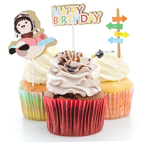 TOYANDONA 1 Satz Pilotkuchenkarte Alles Zum Geburtstag Alles Zum Geburtstag Zeichen Flugzeug-ornamente Cupcake-topper Für Die Sommerparty Geburtstagstorte Zeichen Papier 25st von TOYANDONA