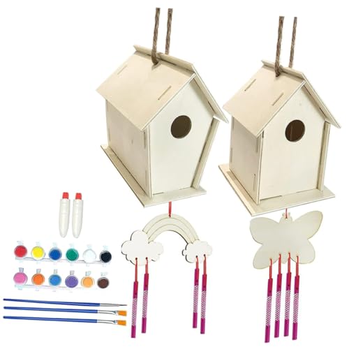 TOYANDONA 3 Sätze Windspiel-Ornament Vogelhaus malen Glockenspiel hängendes Vogelhäuschen Vogelkäfig bastelset basteln für Vogelhäuschen selber malen Windspiel Anhänger Holz von TOYANDONA