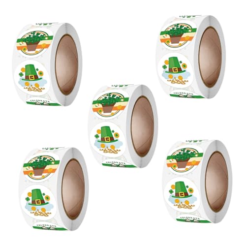 TOYANDONA 5 Rollen Vierblättrige Aufkleber Taschenaufkleber St Patrick's Label Feiertags Dekoetiketten Verpackungsaufkleber Kleeblatt Etikett Abziehbilder St Patrick's Sticker von TOYANDONA